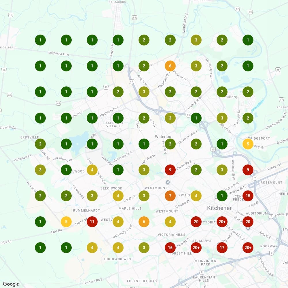 Google Maps rank grid over Kitchener-Waterloo, October 2025: mostly green top-three spots