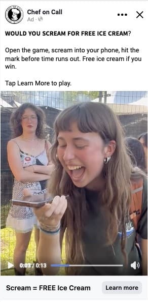 Chef on Call video ad inviting viewers to tap Learn More and play