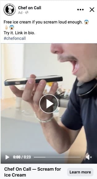 Chef on Call promoted reel inviting viewers to scream for free ice cream