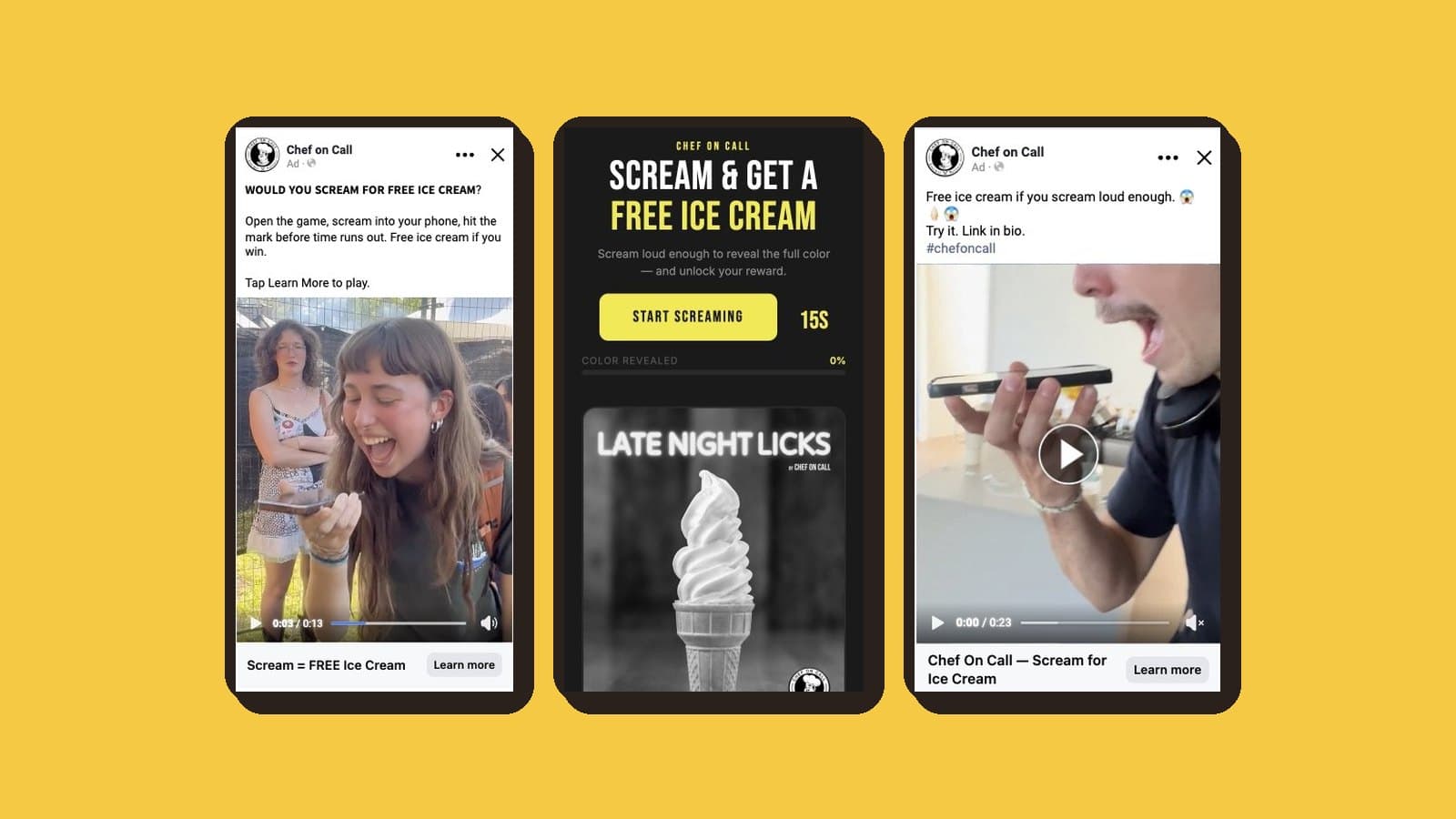 Chef on Call's two scream-for-ice-cream video ads either side of the game screen