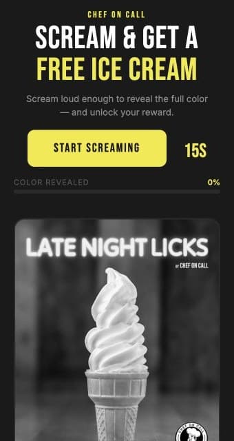 Chef on Call's scream game with a start button, timer and an ice cream to reveal