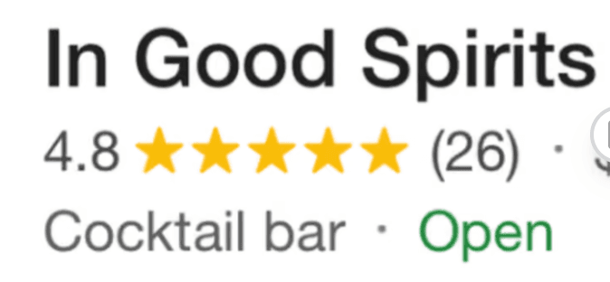In Good Spirits' Google rating: 4.8 stars from 26 reviews