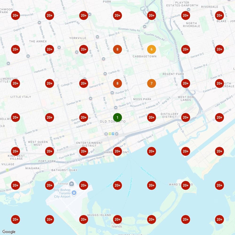 Google Maps rank grid in April 2026: Lucie ranks 20+ at almost every point