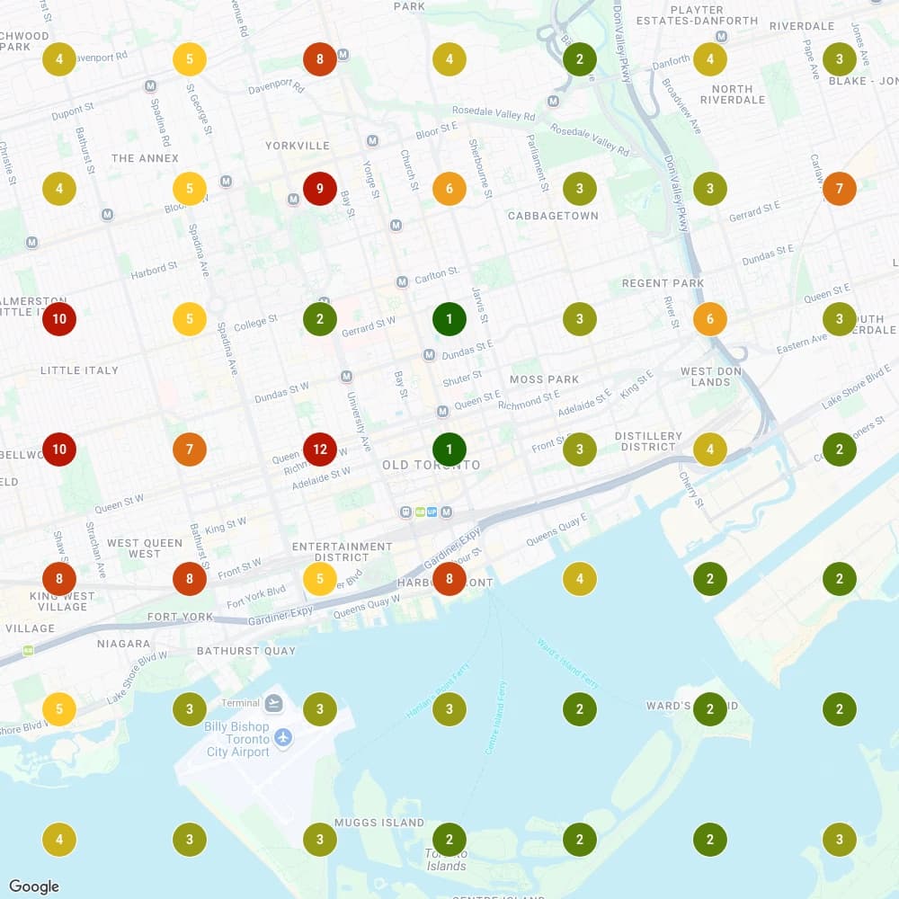 Google Maps rank grid in October 2026: Lucie ranks in the top three across most of downtown